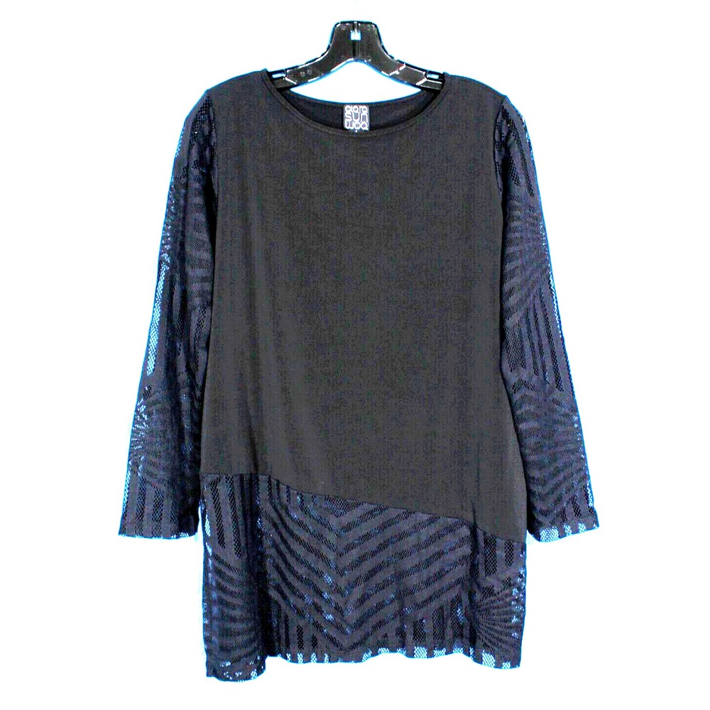 CLARA SUN WOO Stretch Knit EYELET LACE SLEEVES/HEM Black BLOUSE/TUNIC TOP Sz S